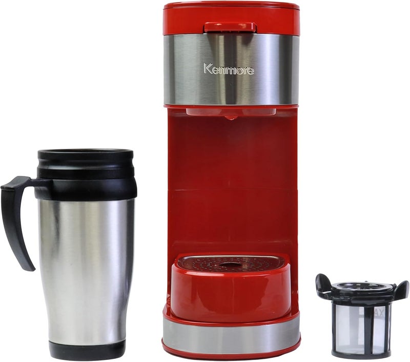 Koolatron Kenmore Single Serve Coffee Maker & Stainless Steel Travel Mug, Capsule/Pod & Ground Coffee Brewing, K Cup Compatible, Hot & Iced Coffee Machine, 6 to 14 Oz Brew Sizes, Auto Shut-Off, Red - Image 1